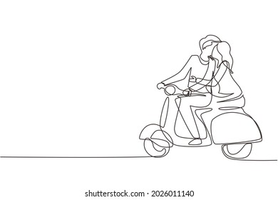 Una pareja de dibujo de línea continua con el concepto de scooter vintage, pre-boda. Hombre y mujer con motocicleta, relación amorosa. Romántico viaje por carretera, viaje. vector de diseño gráfico de tracción de línea