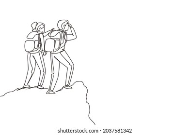 Single continuous line drawing couple on mountain. Happy woman, man climbers. Female hikers standing on rock look mountain landscape. Trekking outdoor. One line draw graphic design vector illustration