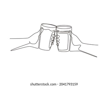 Single continuous line drawing couple toasting healthy juice drinks together at restaurant. Detox smoothie drink toast at summer holidays. Fruit juicing weight loss diet. One line draw design vector