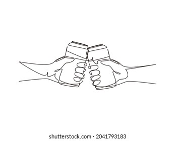Single continuous line drawing couple is toasting with aluminum can and drink soda. Close-up cropped view of two human hands holding can and toast. One line draw graphic design vector illustration