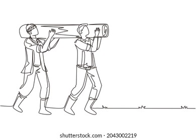 Single continuous line drawing couple of lumberjack laborers carrying heavy wooden log on shoulders in forest. Woodcutters working in wood logging industry. One line draw design vector illustration