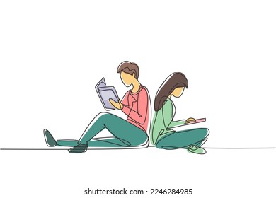 Single continuous line drawing couple students reading together, learning and sitting at park. Literature fans or lovers, education concept. Dynamic one line draw graphic design vector illustration