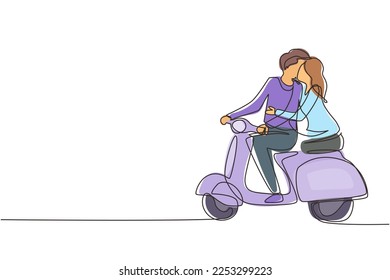Single continuous line drawing couple and scooter vintage  pre  wedding concept  Man   woman and motorcycle  amorous relationship  Romantic road trip  journey  One line draw graphic design vector