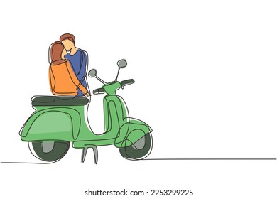 Una única pareja de dibujo de línea continua en salir al aire libre, novia y novio con motocicleta, relación amorosa. Romántico viaje por carretera, viaje. ilustración vectorial de diseño gráfico de una línea