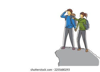 Single continuous line drawing couple man woman hiker at top mountain looking into distance  Adventure in mountainous terrain  Exploration  hiking  adventure  journey  One line draw design vector