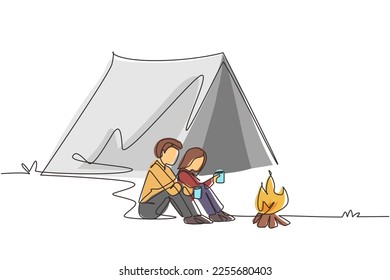 Single continuous line drawing couple sitting on ground near bonfire, active romantic date out of town, camping. Man woman drink hot tea getting warm near campfire. One line draw graphic design vector