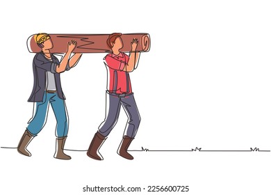 Single continuous line drawing couple of lumberjack laborers carrying heavy wooden log on shoulders in forest. Woodcutters working in wood logging industry. One line draw design vector illustration