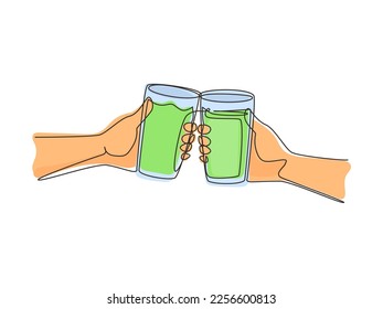 Single continuous line drawing couple toasting healthy juice drinks together at restaurant. Detox smoothie drink toast at summer holidays. Fruit juicing weight loss diet. One line draw design vector