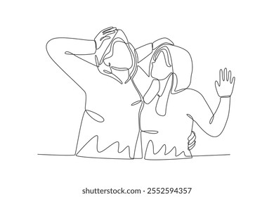 Single continuous line drawing of a couple wearing raincoats is joking. Dynamic single line draw design graphic vector illustration.