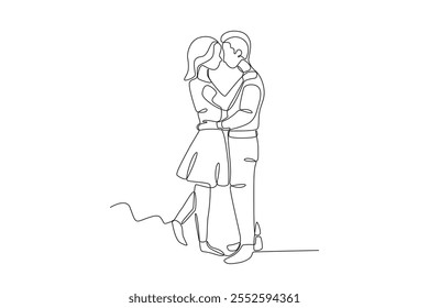 Single continuous line drawing of a couple kissing while embracing. Dynamic single line draw design graphic vector illustration.