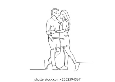 Single continuous line drawing of couple hugging. Dynamic single line draw design graphic vector illustration.
