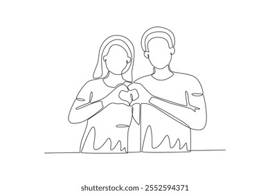 Single continuous line drawing of A couple making a love symbol with their hands. Dynamic single line draw design graphic vector illustration.
