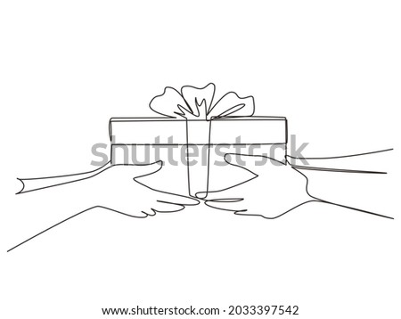 Single continuous line drawing couple holding packaged present together. Romantic surprise gift box. Birthday presents cardboard box with ribbon. One line draw graphic design vector illustration