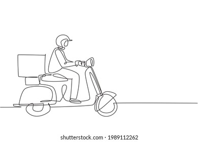 Single continuous line drawing courier riding scooter with box package. Online shopping. Online delivery service. Fast delivery parcel concept. Dynamic one line draw graphic design vector illustration