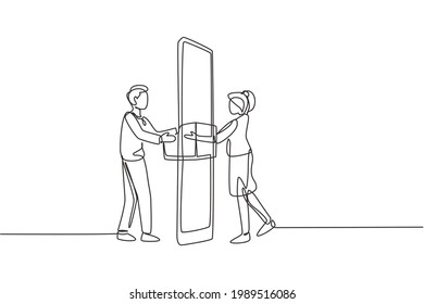 Single continuous line drawing courier delivers box package, through smartphone screen to female customer. Online delivery service concept. Dynamic one line draw graphic design vector illustration