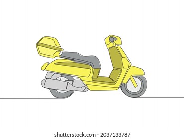 Single continuous line drawing of courier delivery service motorbike logo. Scooter motorcycle concept. One line draw design vector illustration