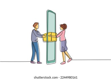 Single continuous line drawing courier delivers box package, through smartphone screen to female customer. Online delivery service concept. Dynamic one line draw graphic design vector illustration