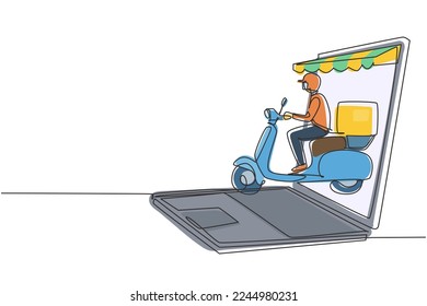 Single continuous line drawing courier riding scooter carrying package box out of giant laptop screen with canopy. Online delivery service. Dynamic one line draw graphic design vector illustration