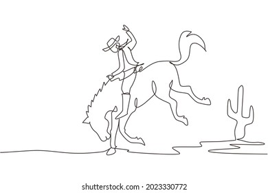 Single continuous line drawing cowboy on wild horse mustang. Rodeo cowboy riding wild horse on wooden sign. Cowboy riding wild horse race. Dynamic one line draw graphic design vector illustration