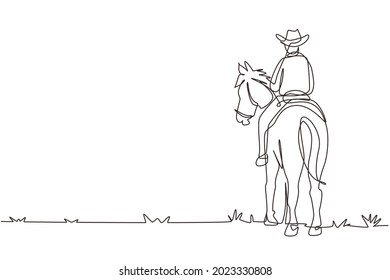 Single continuous line drawing cowboy riding horses in desert on wooden sign. Mustang and person outdoor at sunset. Cowboy and horse icon or logo. One line draw graphic design vector illustration