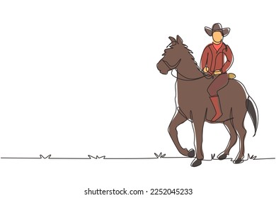 Single continuous line drawing cowboy riding standing horse at desert. Man with cowboy hat riding horse. Senior men pose elegance on horseback. Dynamic one line draw graphic design vector illustration