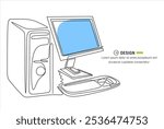 Single continuous line drawing of cpu computer unit and screen monitor for company. Electronic small home business equipment concept.