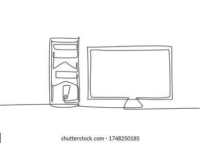 Single continuous line drawing of cpu computer and screen monitor. Electronic business company tools concept. Modern one line draw design graphic vector illustration