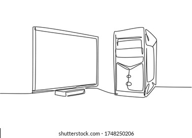 Single continuous line drawing of cpu computer and screen monitor for supporting business. Electronic small home business equipment concept. Modern one line draw design graphic vector illustration