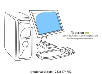 Dibujo de línea continua única de la unidad de computadora de la CPU y monitor de pantalla para la empresa. Electrónica concepto de equipo de negocios para el hogar Pequeño.