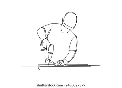 Single continuous line drawing of a craftsman using a drilling machine. Minimalism concept one line draw graphic design vector illustration