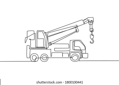 Single continuous line drawing of crane truck for building construction, business commercial vehicles. Heavy transportation machines equipment concept. Trendy one line draw design vector illustration