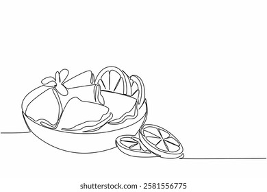 Single continuous line drawing crepe suzette with orange slices and leaves on a black round plate. Delicious dessert menu. Freshness. National Crepe Suzette Day. One line design vector illustration