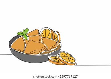 Single continuous line drawing crepe suzette with orange slices and leaves on a black round plate. Delicious dessert menu. Freshness. National Crepe Suzette Day. One line design vector illustration