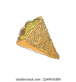 Single continuous line drawing crepes with bananas and chocolate, sweet pancakes in cafe or restaurant. Kids favorite snacks. Swirl curl style. Dynamic one line draw graphic design vector illustration