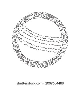 Single continuous line drawing cricket ball leather hard circle stitch close-up. Sports equipment. Summer team sports. Swirl curl circle background style. Dynamic one line draw graphic design vector