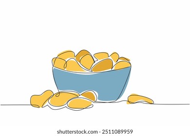 Single continuous line drawing the crispy, tasty and delicious potato chips snack in a glass bowl. A dishes for the eyes. Delectation. National Potato Chip Day. One line design vector illustration