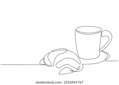 Línea continua única que dibuja el croissant con la taza. Llenando el desayuno. Un vaso de leche de chocolate caliente más el icónico pan francés. Espíritu de la mañana. Ilustración vectorial de diseño de línea National Croissant Day One