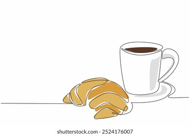 Línea continua única que dibuja el croissant con la taza. Llenando el desayuno. Un vaso de leche de chocolate caliente más el icónico pan francés. Espíritu de la mañana. Ilustración vectorial de diseño de línea National Croissant Day One