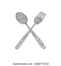 Single continuous line drawing crossed spoon and fork icon. Restaurant symbol. Cutlery simple flat design. Swirl curl style on white background. One line draw graphic design vector illustration