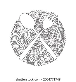 Single continuous line drawing crossed spoon and fork icon. Restaurant symbol. Cutlery simple flat design. Swirl curl circle background style. Dynamic one line draw graphic design vector illustration
