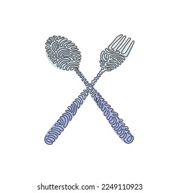 Single continuous line drawing crossed spoon and fork icon. Restaurant symbol. Cutlery simple flat design. Swirl curl style on white background. One line draw graphic design vector illustration
