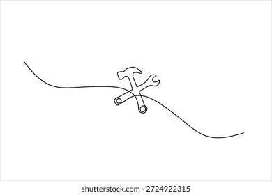 Dibujo de línea continua simple de un martillo y una llave cruzados. Icono minimalista para servicios de reparación, construcción y mantenimiento del hogar.