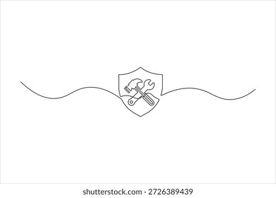 Dibujo de línea continua simple de un martillo cruzado y una llave inglesa dentro de un escudo. Icono minimalista para reparación, construcción y seguridad técnica.
