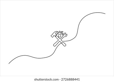 Dibujo de línea continua simple de un martillo cruzado y una llave inglesa con una casa. Icono minimalista para reparación, construcción y mantenimiento residencial.