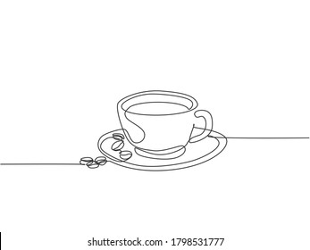 Single continuous line drawing of a cup of coffee drink with coffee beans on ceramic coaster and table. Coffee drink concept display for coffee shop. One line draw design illustration