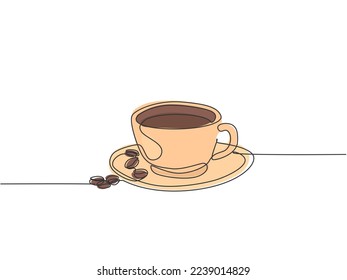 Single continuous line drawing of a cup of coffee drink with coffee beans on ceramic coaster and table. Coffee drink concept display for coffee shop. One line draw design illustration