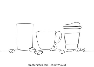 Single continuous line drawing cups, mugs, and paper cups with some coffee beans around the glass. Warm coffee to accompany the work. Fresh. National Beverage Day One line design vector illustration