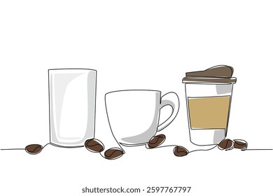 Single continuous line drawing cups, mugs, and paper cups with some coffee beans around the glass. Warm coffee to accompany the work. Fresh. National Beverage Day One line design vector illustration