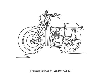 Single continuous line drawing custom bobber motorbike standing in an authentic creative workshop. Vintage style motorcycle in modern citizen garage. One line draw graphic design vector illustration
