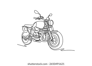 Single continuous line drawing custom bobber motorbike parked in workshop garage. Old classic motorcycle featuring beautifully crafted chrome element. One line draw graphic design vector illustration